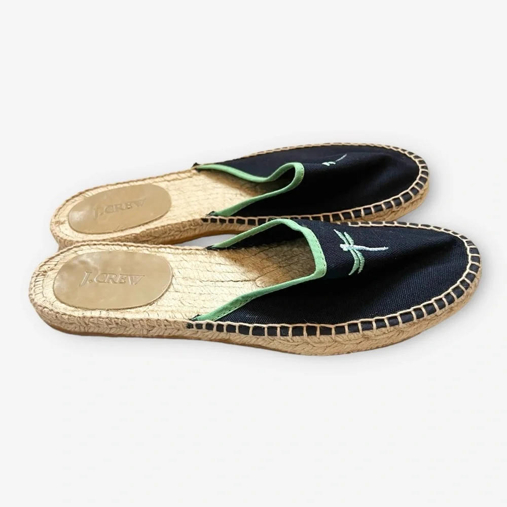 J. Crew Navy Blue Canvas Slip-On Mules with Embroidered Dragonflies Sz 7
